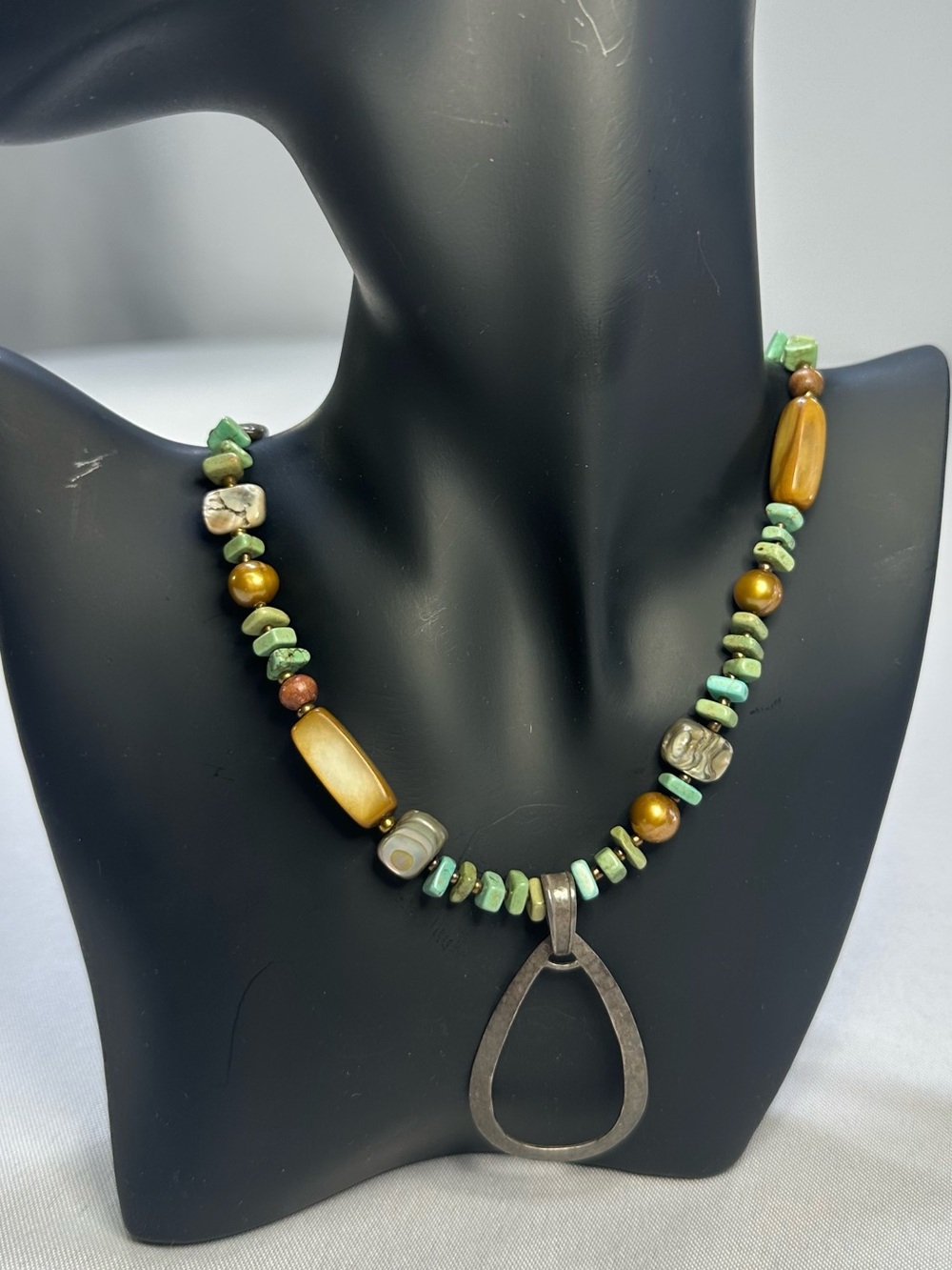 Silpada Turquoise Chip & Bronze Pearl Necklace Sterling Silver Hammered Pendant